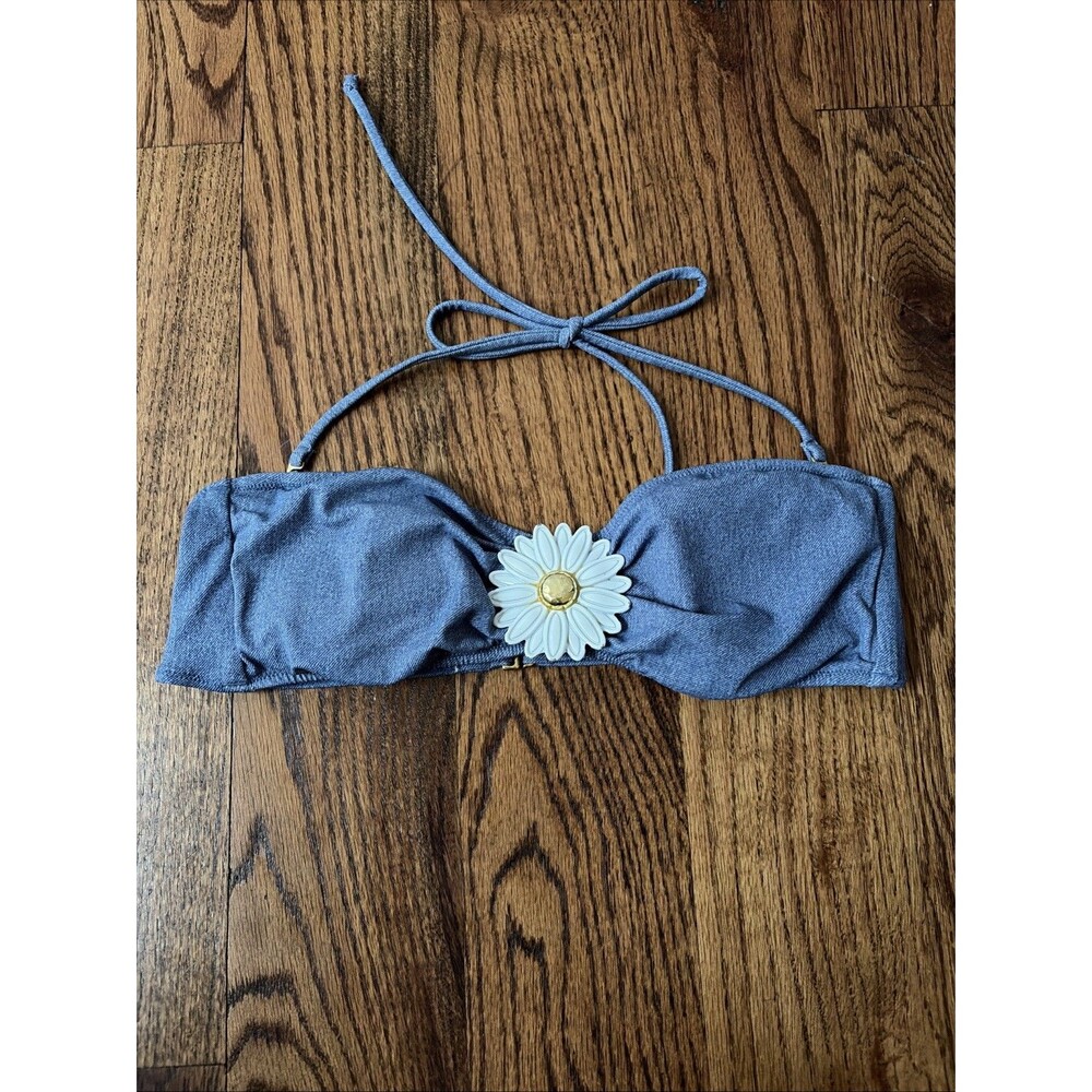 Victoria Secret Swim Bikini Top Blue Denim Print Metal White Daisy Size Medium